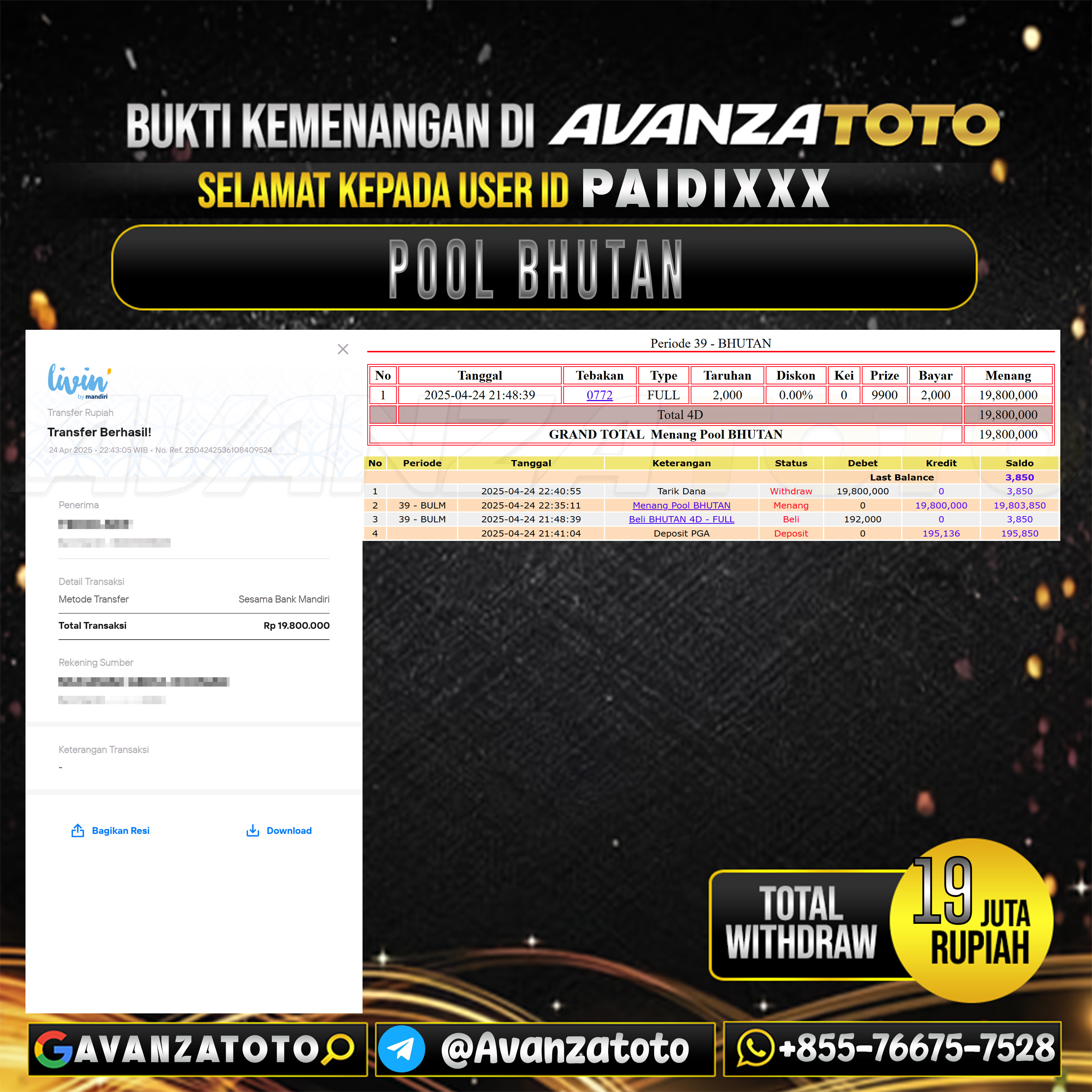 AVANZATOTO JACKPOT TOGEL PASARAN BHUTAN Rp. 19.000.000,-LUNAS USER ID: PAIDI***